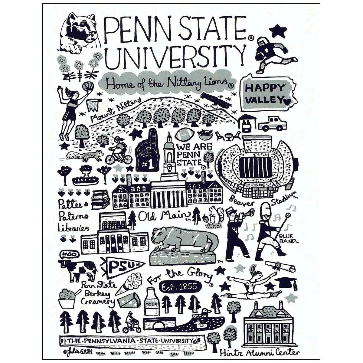 note card with Julia Gash illustrated navy and gray Penn State University scenes and phrases